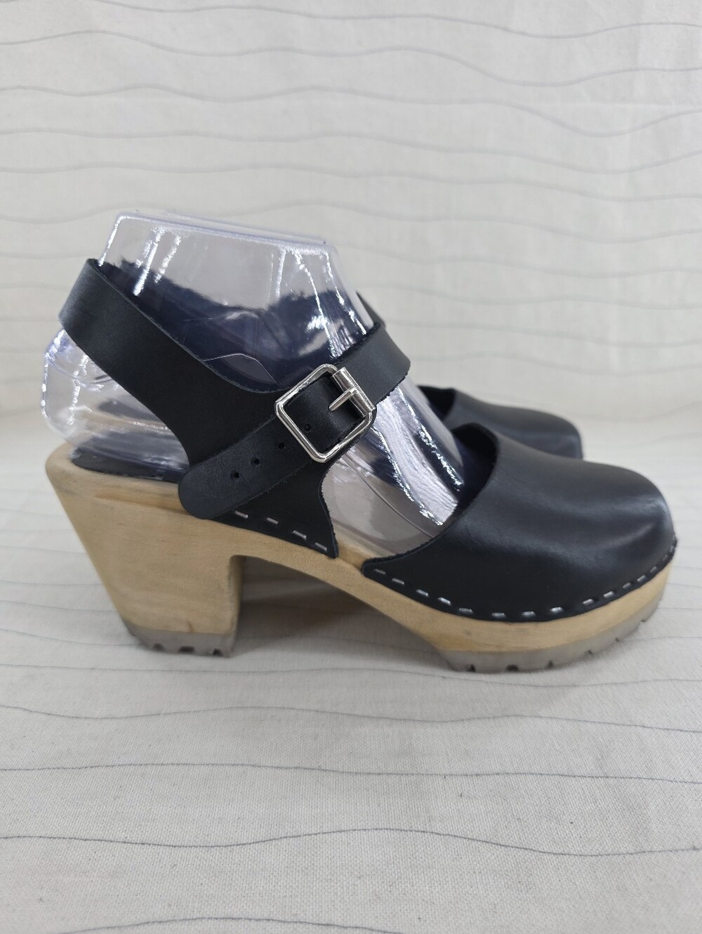 Mia Womens ABBA Swedish Black Leather Strap Buckle Wooden Clog Shoes Size 39 EU